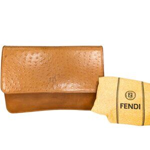 Fendi Tan Ostrich Leather Vintage Flap Envelope Large Clutch Portfolio 21180139